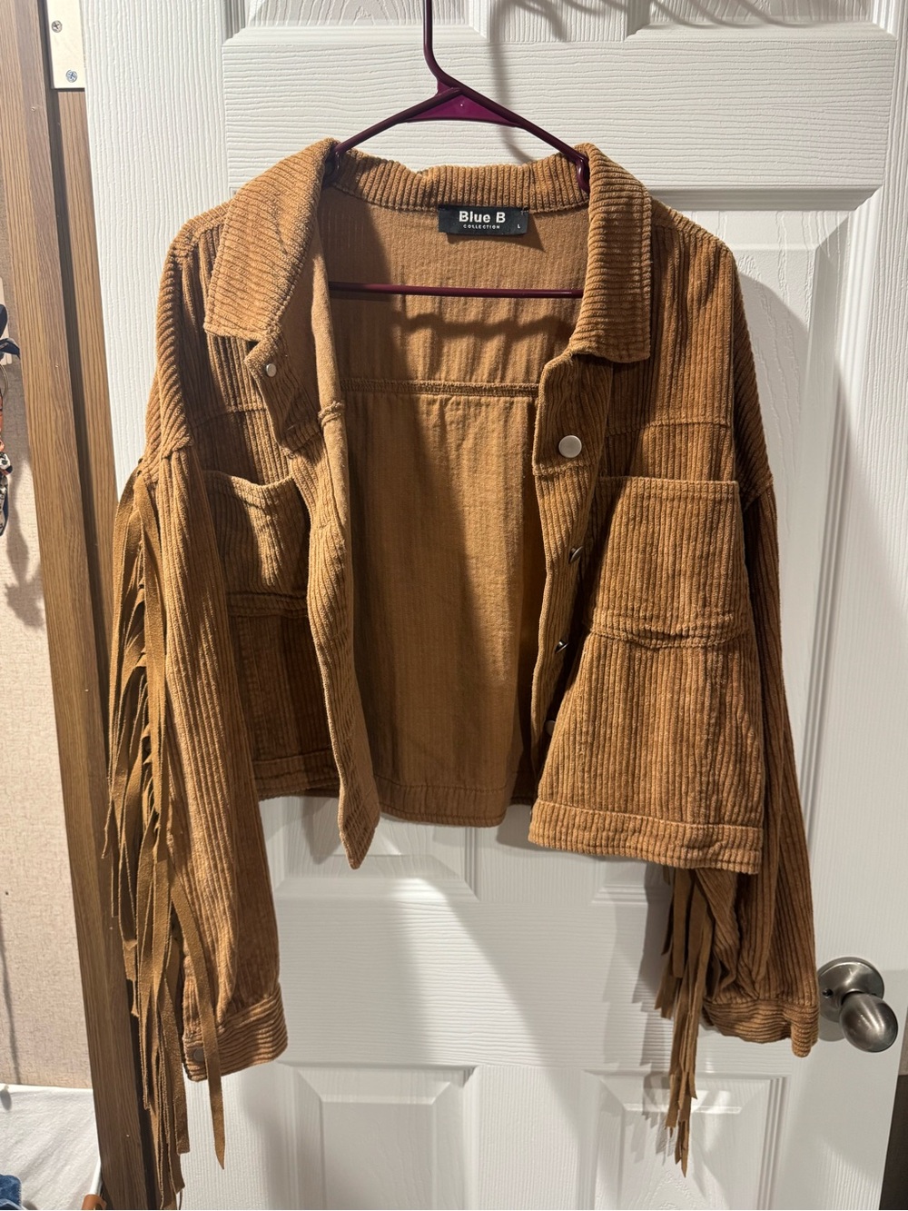 Blue B Women's Tan Corduroy Fringe Jean Jacket